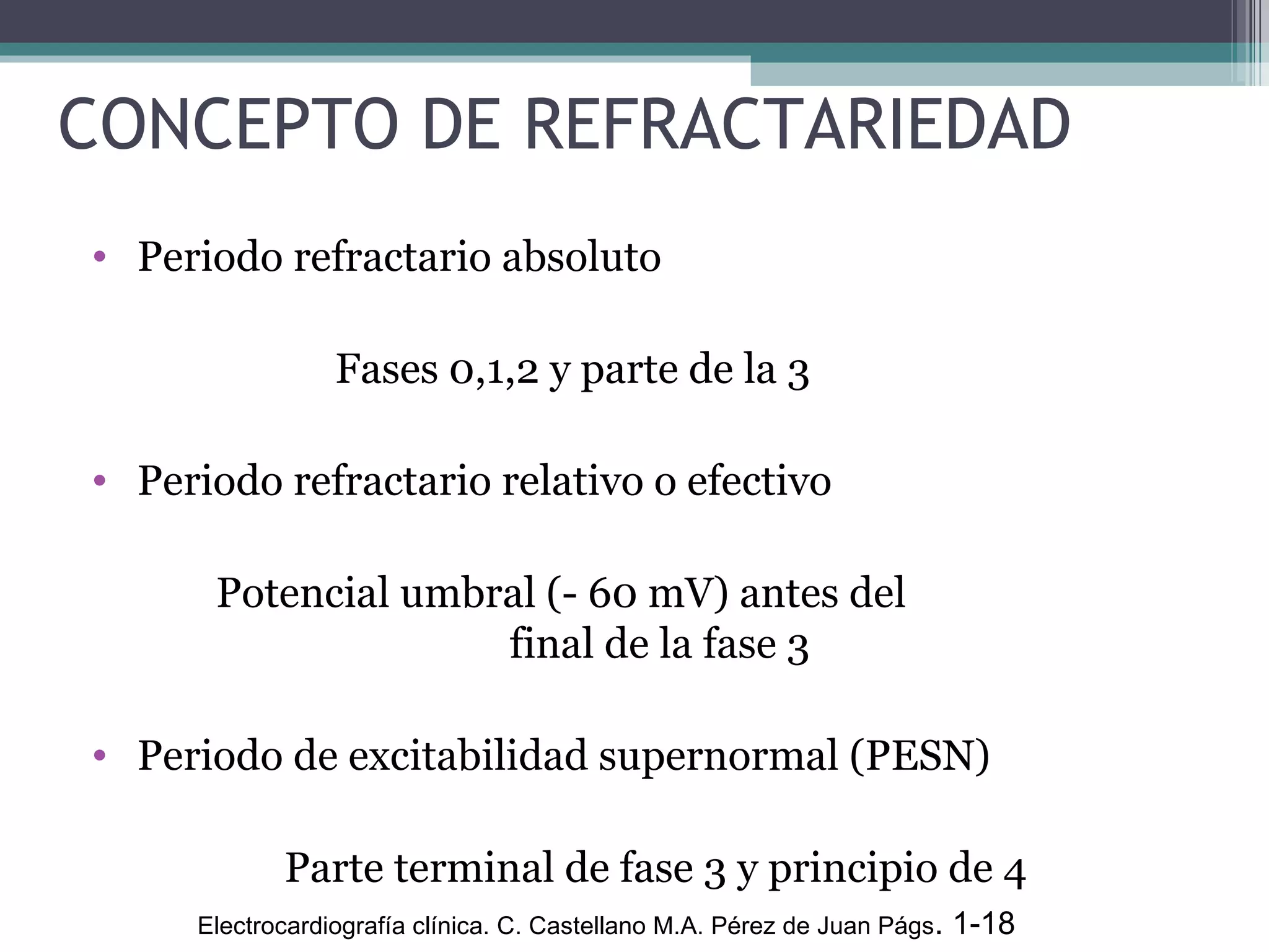 CONCEPTO DE REFRACTARIEDAD Periodo refractario absoluto Fases 0,1,2 y parte de la 3 Periodo refractario relativo o efectivo Potencial umbral (- 60 mV) antes del  final de la fase 3 Periodo de excitabilidad supernormal (PESN) Parte terminal de fase 3 y principio de 4 Electrocardiografía clínica. C. Castellano M.A. Pérez de Juan Págs . 1-18  