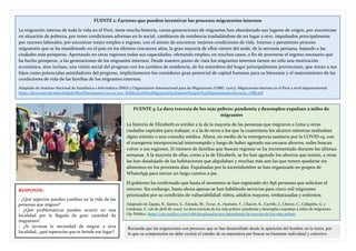 FUENTE 2: Factores que pueden incentivar los procesos migratorios internos
La migración interna de toda la vida en el Perú, tiene mucha historia, varias generaciones de migrantes han abandonado sus lugares de origen, por encontrase
en situación de pobreza, por tener condiciones adversas en lo social, cambiaron de residencia trasladándose de un lugar a otro, impulsados principalmente
por razones laborales, por encontrar mejor empleo e ingreso, con el ánimo de encontrar mejores condiciones de vida. Intenso y persistente proceso
migratorio que se ha manifestado en el país en los últimos cincuenta años, la gran mayoría de ellos vienen del ande, de la serranía peruana, bajando a las
ciudades más prósperas. Aportando en otras regiones todas sus capacidades, ofertando empleo, en muchos casos, a fin de proveerse el ingreso necesario que
ha hecho prosperar, a las generaciones de los migrantes internos. Desde nuestro punto de vista los migrantes internos tienen no sólo una motivación
económica, sino incluso, una visión social del progreso con los cambios de residencia, de los miembros del hogar principalmente provinciano, que miran a sus
hijos como potenciales asimiladores del progreso, implícitamente los consideran gran potencial de capital humano para su bienestar y el mejoramiento de las
condiciones de vida de las familias de los migrantes internos.
Adaptado de Instituto Nacional de Estadística e Informática (INEI) y Organización Internacional para las Migraciones (OIM). (2017). Migraciones internas en el Perú a nivel departamental.
https://peru.iom.int/sites/default/files/Documentos/20-03-2017_Publicación%20Migracion%20Interna%20por%20Departamentos%202015_OIM.pdf
Recuerda que las migraciones son procesos que se han desarrollado desde la aparición del hombre en la tierra, por
lo que su comprensión no debe excluir el estudio de su naturaleza por buscar su bienestar individual y colectivo
RESPONDE:
- ¿Qué aspectos pueden cambiar en la vida de las
personas que migran?
- ¿Qué problemáticas pueden ocurrir en una
localidad por la llegada de gran cantidad de
migrantes?
- ¿Si tuvieras la necesidad de migrar a otra
localidad, ¿qué esperarías que te brinde ese lugar?
FUENTE 3: La dura travesía de los más pobres: pandemia y desempleo expulsan a miles de
migrantes
La historia de Elizabeth es similar a la de la mayoría de las personas que migraron a Lima u otras
ciudades capitales para trabajar, o a la de otros a los que la cuarentena los alcanzó mientras realizaban
algún trámite o una consulta médica. Ahora, en medio de la emergencia sanitaria por la COVID-19, con
el transporte interprovincial interrumpido y luego de haber agotado sus escasos ahorros, miles buscan
volver a sus regiones. El número de familias que buscan regresar se ha incrementado durante las últimas
semanas. A la mayoría de ellas, como a la de Elizabeth, se les han agotado los ahorros que tenían, a otras
las han desalojado de las habitaciones que alquilaban y muchas más son las que temen quedarse sin
alimentos en los próximos días. Expulsadas por la incertidumbre se han organizado en grupos de
WhatsApp para iniciar un largo camino a pie.
El gobierno ha confirmado que hasta el momento se han registrado 167 856 personas que solicitan el
retorno. Sin embargo, hasta ahora apenas se han habilitado servicios para cinco mil migrantes
priorizados por su condición de vulnerabilidad: niños, adultos mayores, embarazadas y enfermos
Adaptado de Zapata, R., Santos, G., Estrada, M., Tovar, A., Atamaín, Y., Chacón, K., Carrillo, J., Chávez, C., Callapiña, G. y
Cárdenas, C. (26 de abril de 2020). La dura travesía de los más pobres: pandemia y desempleo expulsan a miles de migrantes.
Ojo Público. https://ojo-publico.com/1786/desplazados-por-lapandemia-la-travesia-de-los-mas-pobres
 