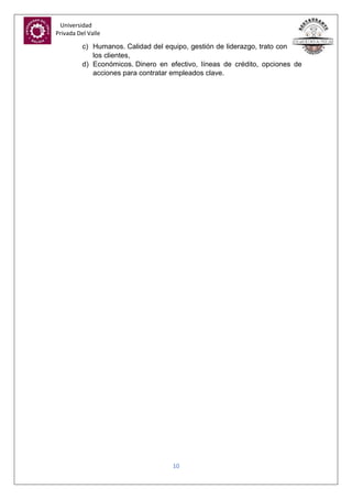 Universidad
Privada Del Valle
10
c) Humanos. Calidad del equipo, gestión de liderazgo, trato con
los clientes,
d) Económicos. Dinero en efectivo, líneas de crédito, opciones de
acciones para contratar empleados clave.
 
