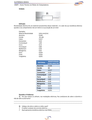 17
Símbolo:
Definição:
Resistividade eléctrica de um material (característica desse material) – é o valor da sua resistência eléctrica
quando o seu comprimento é de um metro e a sua secção de um mm2
Exemplos:
Material Resistividade (ohm.mm2/m)
Alumínio 0,028
Carvão 10 a 80
Cobre 0,017
Constantan 0,50
Cromoníquel 1,09
Ferro 0,13
Ferroníquel 0,80
Maillechort 0,30
Manganina 0,42
Ouro 0,024
Prata 0,016
Tungsténio 0,055
Questões e Problemas:
1) Por que motivo se utilizam, nas instalações eléctricas, fios condutores de cobre e alumínio e
não de vidro ou borracha?
2) Indique, de entre o cobre e o vidro, qual?
 É melhor condutor da corrente eléctrica _________________
 Qual apresenta resistência eléctrica mais baixa___________
MATERIAL
RESISTIVIDADE
(OHM.MM2/M)
Alumínio 0,028
Carvão 80
Cobre 0,017
Constantan 0,50
Cromoníquel 1,09
Ferro 0,13
Ferroníquel 0,80
Maillechort 0,30
Manganina 0,42
Ouro 0,024
Prata 0,016
Tungsténio 0,055
 