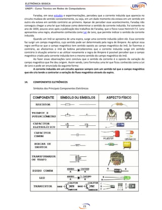 23
Faraday, em seus estudos e experimentações, percebeu que a corrente induzida que aparecia no
circuito mudava de sentido constantemente, ou seja, em um dado momento ela estava em um sentido em
outro ela estava em sentido contrário ao primeiro. Apesar de perceber esse acontecimento, Faraday não
conseguiu chegar a uma lei que indicasse como determinar o sentido da corrente induzida. Foi somente no
ano de 1834, poucos anos após a publicação dos trabalhos de Faraday, que o físico russo Heinrich F.E. Lenz
apresentou uma regra, atualmente conhecida como Lei de Lenz, que permite indicar o sentido da corrente
induzida.
Quando um ímã se aproxima de uma espira, surge uma corrente induzida sobre ele. Essa corrente
faz surgir um campo magnético, cujo sentido pode ser determinado pela regra de Àmpere. Ao aplicar essa
regra verifica-se que o campo magnético tem sentido oposto ao campo magnético do ímã. Se fizermos o
contrário, ao afastarmos o ímã da bobina perceberemos que a corrente induzida surge em sentido
contrário à situação anterior e ao utilizar novamente a regra de Àmpere é possível perceber que o campo
magnético criado pela corrente induzida tem o mesmo sentido do campo magnético do ímã.
Ao fazer essas observações Lenz concluiu que o sentido da corrente é o oposto da variação do
campo magnético que lhe deu origem. Assim sendo, Lenz formulou uma lei que ficou conhecida como a Lei
de Lenz e pode ser enunciada da seguinte forma:
A corrente induzida em um circuito aparece sempre com um sentido tal que o campo magnético
que ele cria tende a contrariar a variação do fluxo magnético através da espira.
14. COMPONENTES ELETRÔNICOS
Símbolos dos Principais Componentes Eletrônicos
 