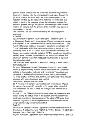 prevent direct contact with the water The reactants may either be
lowered in batches into, the pit or passed through pipes through the
pit in al position in which they are adequately exposed to the
radiation emitted by the radioactive materials The water acts as a
shield protecting the operator above the pit against radiation No
radiation passes through the ground around the pit Other suitable
means for carrying out the process of the invention may appear to
those skilled in the art.
The invention will be further illustrated by the following specific
examples.
EXAMPLE 1.
a) A mixture of 83 parts by volume of di"Lorol " (the term "Lorol " is
a Registered Trade Mark) fumarate and 17 parts by volume of styrene
was exposed to the radiation emitted by radioactive cobalt (COG ) The
"Lorol" B fumarate had been prepared by esterifying fumaric acid with
"Lorol" B alcohols, which 'is a commercial mixture of normal alcohols
containing from 8 to 18 carbon atoms derived from coconut oil and
having an average molecular weight of 207 The sample was placed in a
sealed glass container contamined in an aluminum canister This
aluminum canister was then introduced into, the center of a pipe of
the radioactive cobalt.
The samples were exposed to a radiation intensity of about 235,000
R/hr at about 70 F.
for about 24 hours At the end of this period, the product was a tughl,
resinous, slightly rubbery material, almost transparent and completely
soluble in hydrocarbon solvents and mineral oils This product was
dissolved in a highly refined white mineral oil having a viscosity of
42 SUS at 210 F to form a 20 % solution, and compared with a product
prepared with benzoyl peroxide as a catalyst.
This product was prepared as follows:
b) A mixture of 83 parts by volume of diLorol" fumarate and 17 parts
by volume of styrene in 25 parts of a highly refined white mineral oil
was maintained at 175 F whilz the catalyst was added in small
increments.
A total of 1 wt % benz- yl peroxide (based upon the monomers) was
added during the first 25 hours of the reaction, and the reaction was
continued, maintaining a temperature of F for a total of 75 hours Even
after this long reaction timne the polymer was rather low in molecular
weight as shown by comparison in Table I.
TABLE I
Viscosity of Styrene-Fumarate Copolymer Concentrates Blends in Oil A
Copolymer 1 a) Gamma Rays 70 24 20 3,770 1 b) Benzoyl 175 75 20 93 5
Peroxide (Blend Oil A) 0 42 1 TABLE II
Styrene-Fumarate Copolymers as V I Improvers Blends in Oil B Conc SUS
 