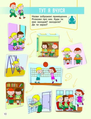 ТУТ Я ВЧУСЯ
Назви зображені приміщення.
Розкажи про них. Куди ти
вже заходив? заходила?
Де ти зараз?
І
ж
 