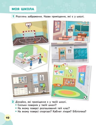 МОЯ ШКОЛА
Розглянь зображення. Назви приміщення, які є у школі.
2 Дізнайся, які приміщення є у твоїй школі.
• Скільки поверхів у твоїй школі?
• На якому поверсі розташований твій клас?
• На якому поверсі спортзал? Кабінет лікаря? Бібліотека?
10
 