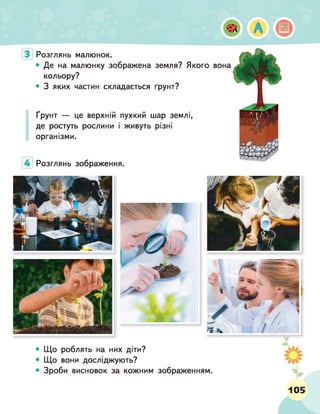 Розглянь малюнок.
• Де на малюнку зображена земля? Якого вона
кольору?
• 3 яких частин складається ґрунт?
Ґрунт — це верхній пухкий шар землі,
де ростуть рослини і живуть різні
організми.
Розглянь зображення.
Що роблять на них діти?
Що вони досліджують?
Зроби висновок за кожним зображенням.
105
 