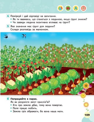 Поміркуй і дай відповіді на запитання.
• Як ти вважаєш, що станеться з людиною, якщо ґрунт зникне?
• Чи завжди людина позитивно впливає на ґрунт?
Яке значення має ґрунт для людини?
Склади розповідь за малюнком.
Попрацюйте в парах.
Як ви розумієте зміст прислів'їв?
• Хто про землю дбає, тому вона повертає.
• Поле працю любить.
• Землю гріх ображати, бо вона наша мати.
6
109
 