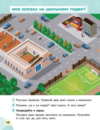 МОЯ БЕЗПЕКА НА ШКІЛЬНОМУ ПОДВІР'Ї
Розглянь малюнок. Порівняй двір своєї школи з малюнком.
Розкажи, що є на подвір’ї твоєї школи. А чого немає?
Попрацюйте в парах.
Поставте одне одному запитання за малюнком. Починайте
зі слів: що, де, для чого, коли.
12
 