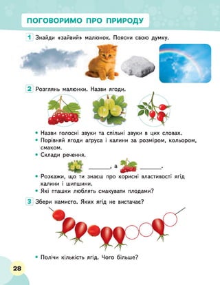 ПОГОВОРИМО ПРО ПРИРОДУ
1 Знайди «зайвий» малюнок. Поясни свою думку.
• Назви голосні звуки та спільні звуки в цих словах.
• Порівняй ягоди аґруса і калини за розміром, кольором,
смаком.
• Склади речення.
• Розкажи, що ти знаєш про корисні властивості ягід
калини і шипшини.
• Які пташки люблять смакувати плодами?
• Полічи кількість ягід. Чого більше?
28
 