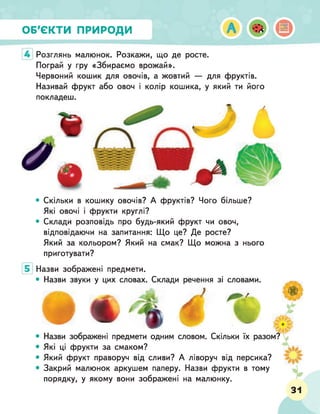 ОБ'ЄКТИ ПРИРОДИ
Розглянь малюнок. Розкажи, що де росте.
Пограй у гру «Збираємо врожай».
Червоний кошик для овочів, а жовтий — для фруктів.
Називай фрукт або овоч і колір кошика, у який ти його
покладеш.
• Скільки в кошику овочів? А фруктів? Чого більше?
Які овочі і фрукти круглі?
• Склади розповідь про будь-який фрукт чи овоч,
відповідаючи на запитання: Що це? Де росте?
Який за кольором? Який на смак? Що можна з нього
приготувати?
Назви зображені предмети.
• Назви звуки у цих словах. Склади речення зі словами.
Назви зображені предмети одним словом. Скільки їх разом?
Які ці фрукти за смаком?
Який фрукт праворуч від сливи? А ліворуч від персика?
Закрий малюнок аркушем паперу. Назви фрукти в тому
порядку, у якому вони зображені на малюнку.
31
 