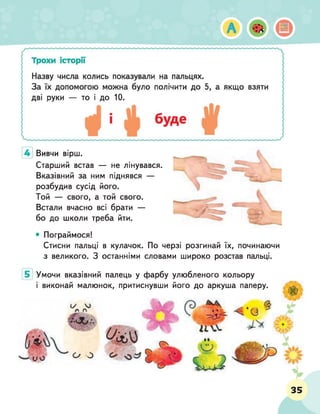 Вивчи вірш.
Старший встав — не лінувався.
Вказівний за ним піднявся —
розбудив сусід його.
Той — свого, а той свого.
Встали вчасно всі брати —
бо до школи треба йти.
• Пограймося!
Стисни пальці в кулачок. По черзі розгинай їх, починаючи
з великого. З останніми словами широко розстав пальці.
Умочи вказівний палець у фарбу улюбленого кольору
і виконай малюнок, притиснувши його до аркуша паперу.
іу у
П А
П •
и о о о
35
■
V
 