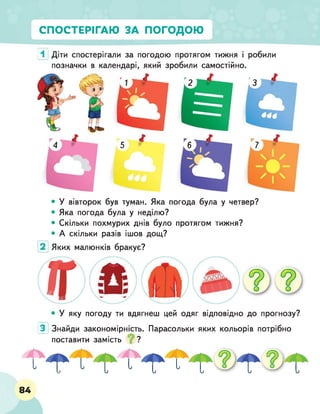 СПОСТЕРІГАЮ ЗА ПОГОДОЮ
1 Діти спостерігали за погодою протягом тижня і робили
позначки в календарі, який зробили самостійно.
• У вівторок був туман. Яка погода була у четвер?
• Яка погода була у неділю?
• Скільки похмурих днів було протягом тижня?
• А скільки разів ішов дощ?
Яких малюнків бракує?
У яку погоду ти вдягнеш цей одяг відповідно до прогнозу?
З Знайди закономірність. Парасольки яких кольорів потрібно
поставити замість °§ ?
І Ті і іт і і гтгг
84
 