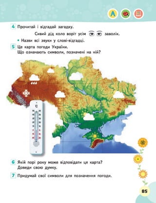 4 Прочитай і відгадай загадку.
• Назви всі звуки у слові-відгадці.
Це карта погоди України.
Що означають символи, позначені на ній?
Якій порі року може відповідати ця карта?
Доведи свою думку.
6
Придумай свої символи для позначення погоди.
85
 
