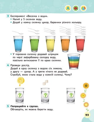 Експеримент «Веселка з води».
• Налий у 5 склянок воду.
• Додай у кожну склянку цукор, барвники різного кольору.
• У порожню склянку додавай шприцом
по черзі зафарбовану солодку воду,
повільно витискаючи її по краю склянки.
Проведи дослід.
Додай в одну склянку з водою сік лимона,
у другу — цукор. А у третю нічого не додавай.
Спробуй, якою стала вода у кожній склянці. Чому?
Попрацюйте в групах.
Обговоріть, як можна берегти воду.
1
93
 