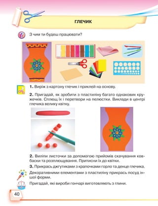 40
ГЛЕЧИК
З чим ти будеш працювати?
2. Пригадай, як зробити з пластиліну багато однакових кру-
жечків. Сплющ їх і перетвори на пелюстки. Виклади в центрі
глечика велику квітку.
1. Виріж з картону глечик і приклей на основу.
2. Виліпи листочки за допомогою прийомів скачування ков-
баски та розплющування. Притисни їх до квітки.
3. Прикрась джгутиками з крапочками горло та денце глечика.
Пригадай, які вироби гончарі виготовляють з глини.
Декоративними елементами з пластиліну прикрась посуд ін-
шої форми.
Право для безоплатного розміщення підручника в мережі Інтернет має
Міністерство освіти і науки України http://mon.gov.ua/ та Інститут модернізації змісту освіти https://imzo.gov.ua
 