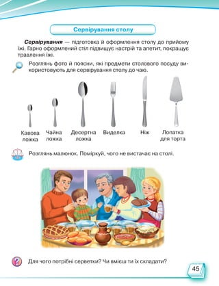 45
Розглянь малюнок. Поміркуй, чого не вистачає на столі.
Кавова
ложка
Чайна
ложка
Десертна
ложка
Виделка Ніж Лопатка
для торта
Сервірування столу
Розглянь фото й поясни, які предмети столового посуду ви-
користовують для сервірування столу до чаю.
Сервірування — підготовка й оформлення столу до прийому
їжі. Гарно оформлений стіл підвищує настрій та апетит, покращує
травлення їжі.
Для чого потрібні серветки? Чи вмієш ти їх складати?
Право для безоплатного розміщення підручника в мережі Інтернет має
Міністерство освіти і науки України http://mon.gov.ua/ та Інститут модернізації змісту освіти https://imzo.gov.ua
 