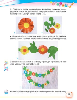 57
3. Обведи та виріж маленькі різнокольорові кружечки — се-
рединки квіток за допомогою трафарету або за шаблоном.
Приклей їх по центру квіток (фото 4, 5).
4. Приклей квітку по центру кожної ланки гірлянди. З’єднай між
собою ланки. Приклей листочки біля місця з’єднання (фото 6).
З’єднайте ваші ланки у квіткову гірлянду. Прикрасьте нею
клас або залу до свята (фото 7).
Чизадоволенийтирезультатомспільноїроботи?Поясни,чому.
4 5
6
7
Право для безоплатного розміщення підручника в мережі Інтернет має
Міністерство освіти і науки України http://mon.gov.ua/ та Інститут модернізації змісту освіти https://imzo.gov.ua
 