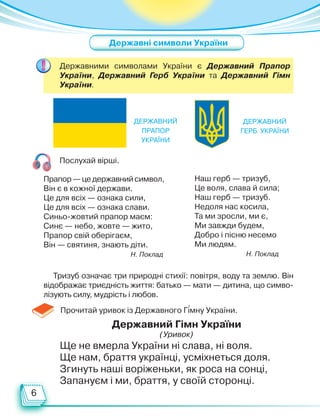 6
Державні символи України
Державний
Прапор
України
Державний
Герб України
Державними символами України є Державний Прапор
України, Державний Герб України та Державний Гімн
України.
Послухай вірші.
Наш герб — тризуб,
Це воля, слава й сила;
Наш герб — тризуб.
Недоля нас косила,
Та ми зросли, ми є,
Ми завжди будем,
Добро і пісню несемо
Ми людям.
Н. Поклад
Прапор — це державний символ,
Він є в кожної держави.
Це для всіх — ознака сили,
Це для всіх — ознака слави.
Синьо-жовтий прапор маєм:
Синє — небо, жовте — жито,
Прапор свій оберігаєм,
Він — святиня, знають діти.
Н. Поклад
Тризуб означає три природні стихії: повітря, воду та землю. Він
відображає триєдність життя: батько — мати — дитина, що симво-
лізують силу, мудрість і любов.
Прочитай уривок із Державного Гімну України.
´
Ще не вмерла України ні слава, ні воля.
Ще нам, браття українці, усміхнеться доля.
Згинуть наші воріженьки, як роса на сонці,
Запануєм і ми, браття, у своїй сторонці.
Державний Гімн України
(Уривок)
Право для безоплатного розміщення підручника в мережі Інтернет має
Міністерство освіти і науки України http://mon.gov.ua/ та Інститут модернізації змісту освіти https://imzo.gov.ua
 
