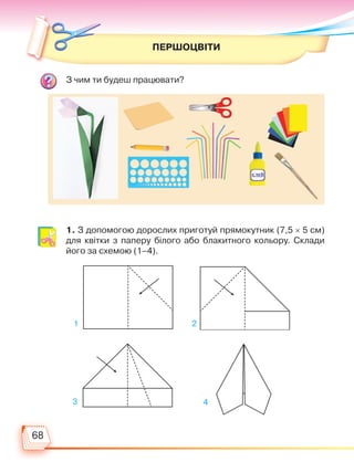 68
ПЕРШОЦВІТИ
З чим ти будеш працювати?
1. З допомогою дорослих приготуй прямокутник (7,5 × 5 см)
для квітки з паперу білого або блакитного кольору. Склади
його за схемою (1–4).
1
3
2
4
Право для безоплатного розміщення підручника в мережі Інтернет має
Міністерство освіти і науки України http://mon.gov.ua/ та Інститут модернізації змісту освіти https://imzo.gov.ua
 
