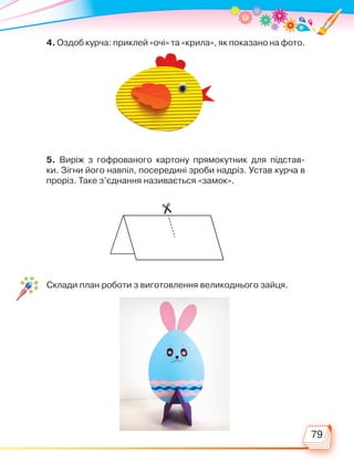 79
4. Оздоб курча: приклей «очі» та «крила», як показано на фото.
5. Виріж з гофрованого картону прямокутник для підстав-
ки. Зігни його навпіл, посередині зроби надріз. Устав курча в
проріз. Таке з’єднання називається «замок».
Склади план роботи з виготовлення великоднього зайця.
Право для безоплатного розміщення підручника в мережі Інтернет має
Міністерство освіти і науки України http://mon.gov.ua/ та Інститут модернізації змісту освіти https://imzo.gov.ua
 