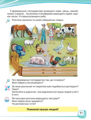 81
Розглянь малюнки та назви зображених тварин.
У фермерських господарствах розводять корів, овець, свиней,
коней, страусів… На великих птахофермах вирощують курей, інди-
ків і качок. У ставках розводять рибу.
Чи є фермерські господарства там, де ти живеш?
Яких тварин у них розводять?
Які культурні рослини вирощують твої рідні?
Яких тварин вони тримають?
Чи допомагаєш ти їм?
За якою рослиною чи твариною вам подобається доглядати?
Чому?
Запитайте в дорослих, чим відрізняється праця людей у місті
й селі.
Поважай працю людей!
Право для безоплатного розміщення підручника в мережі Інтернет має
Міністерство освіти і науки України http://mon.gov.ua/ та Інститут модернізації змісту освіти https://imzo.gov.ua
 