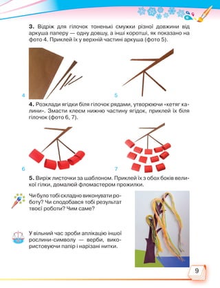 9
3. Відріж для гілочок тоненькі смужки різної довжини від
арку­
ша паперу — одну довшу, а інші коротші, як показано на
фото 4. Приклей їх у верхній частині аркуша (фото 5).
4. Розклади ягідки біля гілочок рядами, утворюючи «кетяг ка-
лини». Змасти клеєм нижню частину ягідок, приклей їх біля
гілочок (фото 6, 7).
5. Виріж листочки за шаблоном. Приклей їх з обох боків вели-
кої гілки, домалюй фломастером прожилки.
Чи було тобі складно виконувати ро­
боту? Чи сподобався тобі резуль­
тат
твоєї роботи? Чим саме?
У вільний час зроби аплікацію іншої
рослини-символу — верби, вико-
ристовуючи папір і нарізані нитки.
4
6
5
7
Право для безоплатного розміщення підручника в мережі Інтернет має
Міністерство освіти і науки України http://mon.gov.ua/ та Інститут модернізації змісту освіти https://imzo.gov.ua
 