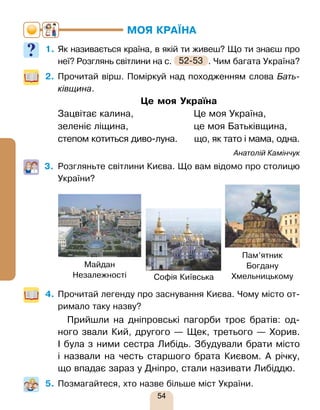 54
МОЯ КРАЇНА
1. Як називається країна, в якій ти живеш? Що ти знаєш про
неї? Розглянь світлини на с. 52-53 . Чим багата Україна?
2. Прочитай вірш. Поміркуй над походженням слова Бать-
ківщина.
Це моя Україна
Зацвітає калина,			 Це моя Україна,
зеленіє ліщина,			 це моя Батьківщина,
степом котиться диво-луна. що, як тато і мама, одна.
Анатолій Камінчук
3. Розгляньте світлини Києва. Що вам відомо про столицю
України?
4. Прочитай легенду про заснування Києва. Чому місто от-
римало таку назву?
Прийшли на дніпровські пагорби троє братів: од-
ного звали Кий, другого — Щек, третього — Хорив.
І була з ними сестра Либідь. Збудували брати місто
і назвали на честь старшого брата Києвом. А річку,
що впадає зараз у Дніпро, стали називати Либіддю.
5. Позмагайтеся, хто назве більше міст України.
Софія Київська
Майдан
Незалежності
Пам’ятник
Богдану
Хмельницькому
Право для безоплатного розміщення підручника в мережі Інтернет має
Міністерство освіти і науки України http://mon.gov.ua/ та Інститут модернізації змісту освіти https://imzo.gov.ua
 