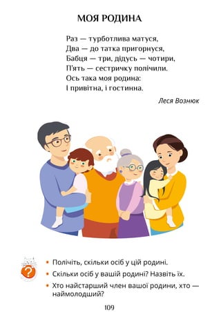 109
МОЯ РОДИНА
Раз — турботлива матуся,
Два — до татка пригорнуся,
Бабця — три, дідусь — чотири,
П’ять — сестричку полічили.
Ось така моя родина:
І привітна, і гостинна.
Леся Вознюк
?
• Полічіть, скільки осіб у цій родині.
• Скільки осіб у вашій родині? Назвіть їх.
• Хто найстарший член вашої родини, хто —
наймолодший?
Право для безоплатного розміщення підручника в мережі Інтернет має
Міністерство освіти і науки України http://mon.gov.ua/ та Інститут модернізації змісту освіти https://imzo.gov.ua
 