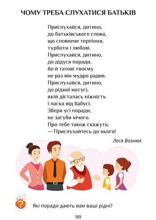 110
ЧОМУ ТРЕБА СЛУХАТИСЯ БАТЬКІВ
Прислухайся, дитино,
до батьківського слова,
що сповнене терпіння,
турботи і любові.
Прислухайся, дитино,
до дідуся поради,
бо й татові твоєму
не раз він мудро радив.
Прислухайся, дитино,
до рідної матусі,
якій дісталась ніжність
і ласка від бабусі.
Збери усі поради,
не загуби нічого.
Про тебе також скажуть:
— Прислухайтесь до нього!
Леся Вознюк
Які поради дають вам ваші рідні?
?
Право для безоплатного розміщення підручника в мережі Інтернет має
Міністерство освіти і науки України http://mon.gov.ua/ та Інститут модернізації змісту освіти https://imzo.gov.ua
 