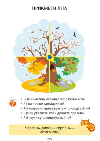 123
Червень, липень, серпень —
літні місяці.
ПРИКМЕТИ ЛІТА
?
• В якій частині малюнка зображено літо?
• Як ви про це здогадалися?
• Які кольори переважають у природі влітку?
• Що ви уявляєте, коли думаєте про літо?
• Які звуки супроводжують літо?
Право для безоплатного розміщення підручника в мережі Інтернет має
Міністерство освіти і науки України http://mon.gov.ua/ та Інститут модернізації змісту освіти https://imzo.gov.ua
 
