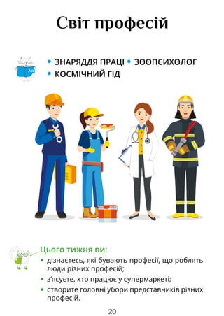 20
Світ професій
• ЗНАРЯДДЯ ПРАЦІ • ЗООПСИХОЛОГ
• КОСМІЧНИЙ ГІД
Цього тижня ви:
• дізнаєтесь, які бувають професії, що роблять
люди різних професій;
• з’ясуєте, хто працює у супермаркеті;
• створите головні убори представників різних
професій.
Аа
Право для безоплатного розміщення підручника в мережі Інтернет має
Міністерство освіти і науки України http://mon.gov.ua/ та Інститут модернізації змісту освіти https://imzo.gov.ua
 