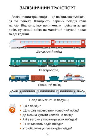 35
Електропоїзд
Товарний поїзд
Швидкісний поїзд
ЗАЛІЗНИЧНИЙ ТРАНСПОРТ
Залізничний транспорт — це поїзди, що рухають­
ся по рейках. Швидкість перших поїздів була
малою. Відстань, яку вони могли проїхати за дві
доби, сучасний поїзд на магнітній подушці долає
за дві години.
?
• Які є поїзди?
• Що може перевозити товарний поїзд?
• Де можна купити квиток на поїзд?
• Які є вагони у пасажирських поїздах?
• Як називають водія поїзда?
• Хто обслуговує пасажирів поїзда?
Поїзд на магнітній подушці
Право для безоплатного розміщення підручника в мережі Інтернет має
Міністерство освіти і науки України http://mon.gov.ua/ та Інститут модернізації змісту освіти https://imzo.gov.ua
 