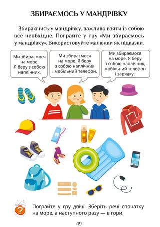 49
ЗБИРАЄМОСЬ У МАНДРІВКУ
Збираючись у мандрівку, важливо взяти із собою
все необхідне. Пограйте у гру «Ми збираємось
у мандрівку». Використовуйте малюнки як підказки.
?
Пограйте у гру двічі. Зберіть речі спочатку
на море, а наступного разу — в гори.
Ми збираємося
на море.
Я беру з собою
наплічник.
Ми збираємося
на море. Я беру
з собою наплічник
і мобільний телефон.
Ми збираємося
на море. Я беру
з собою наплічник,
мобільний телефон
і зарядку.
Право для безоплатного розміщення підручника в мережі Інтернет має
Міністерство освіти і науки України http://mon.gov.ua/ та Інститут модернізації змісту освіти https://imzo.gov.ua
 