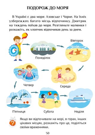 50
ПОДОРОЖ ДО МОРЯ
В Україні є два моря: Азовське і Чорне. На їхніх
узбережжях багато місць відпочинку. Дмитрик
на тиждень поїхав до моря. Розгляньте малюнки і
розкажіть, як хлопчик відпочивав день за днем.
?
Якщо ви відпочивали на морі, в горах, інших
цікавих місцях, розкажіть про це, поділіться
своїми враженнями.
Понеділок
Вівторок
Середа
Четвер
П’ятниця Субота Неділя
Право для безоплатного розміщення підручника в мережі Інтернет має
Міністерство освіти і науки України http://mon.gov.ua/ та Інститут модернізації змісту освіти https://imzo.gov.ua
 