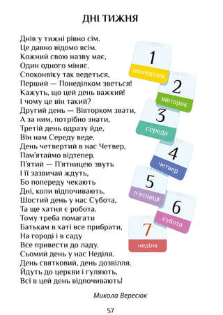57
Днів у тижні рівно сім.
Це давно відомо всім.
Кожний свою назву має,
Один одного міняє.
Споконвіку так ведеться,
Перший — Понеділком зветься!
Кажуть, що цей день важкий!
І чому це він такий?
Другий день — Вівторком звати,
А за ним, потрібно знати,
Третій день одразу йде,
Він нам Середу веде.
День четвертий в нас Четвер,
Пам’ятаймо відтепер.
П’ятий — П’ятницею звуть
І її зазвичай ждуть,
Бо попереду чекають
Дні, коли відпочивають.
Шостий день у нас Субота,
Та ще хатня є робота.
Тому треба помагати
Батькам в хаті все прибрати,
На городі і в саду
Все привести до ладу.
Сьомий день у нас Неділя.
День святковий, день дозвілля.
Йдуть до церкви і гуляють,
Всі в цей день відпочивають!
Микола Вересюк
ДНІ ТИЖНЯ
7
неділя
Право для безоплатного розміщення підручника в мережі Інтернет має
Міністерство освіти і науки України http://mon.gov.ua/ та Інститут модернізації змісту освіти https://imzo.gov.ua
 
