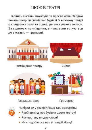 7
ЩО Є В ТЕАТРІ
Колись вистави показували просто неба. Згодом
почали зводити спеціальні будівлі. У кожному театрі
є глядацька зала та сцена, де виступають актори.
За сценою є приміщення, в яких вони готуються
до вистави, — гримерні.
?
Чи були ви у театрі? Якщо так, розкажіть:
• Який вигляд має будівля цього театру?
• Яку виставу ви дивилися?
• Чи сподобалося вам у театрі? Чому?
Приміщення театру
Глядацька зала
Сцена
Гримерна
Право для безоплатного розміщення підручника в мережі Інтернет має
Міністерство освіти і науки України http://mon.gov.ua/ та Інститут модернізації змісту освіти https://imzo.gov.ua
 