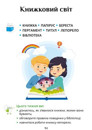 94
Книжковий світ
• КНИЖКА • ПАПІРУС • БЕРЕСТА
• ПЕРГАМЕНТ • ТИТУЛ • ЛЕПОРЕЛО
• БІБЛІОТЕКА
Цього тижня ви:
• дізнаєтесь, як з’явилися книжки, якими вони
бувають;
• обговорите правила поведінки у бібліотеці;
• навчитеся робити книжку-лепорело.
Аа
Право для безоплатного розміщення підручника в мережі Інтернет має
Міністерство освіти і науки України http://mon.gov.ua/ та Інститут модернізації змісту освіти https://imzo.gov.ua
 