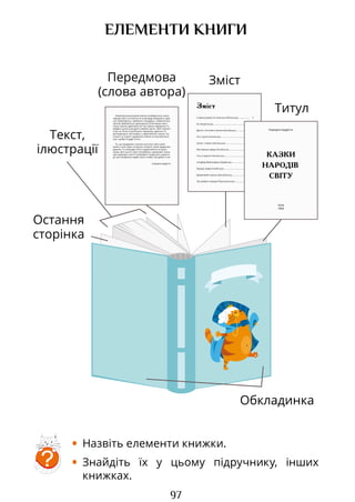 97
ЕЛЕМЕНТИ КНИГИ
Немов різнокольорові камінці калейдоскопу, казки
народів світу сплітаються в хитромудрі візерунки з див-
них перетворень, любовних страждань і небезпечних
пригод. Виявляється, французька Попелюшка має у
інших країнах двійників, які теж губили черевички та
завдяки цьому знаходили сімейне щастя. Змій Горинич
існує не тільки в російських переказах: дракони та
вогнедихаючі змії живуть у європейских казках. На
Сході ж ці літаючі чудовиська зовсім не жахливі монс-
три, а добрі й мудрі істоти.
Те, що придумані у різних куточках світу казки
мають схожі один на одного сюжети, може здаватися
дивним. Та насправді нічого надзвичайного в цьому
немає. Діти усього світу потребують однакових знань
про природні сили й особливості людського характе-
ру, про походження людей, землі та небес, про добро та зло.
Народна мудрість
Зміст
Старим розуму не позичати (Японська).....................
Ох (Українська).................................................................
Десять глечиків із вином (Китайська).........................
Хто стукає? (Іспанська)....................................................
Циган і смерть (Циганська)...........................................
Мисливська вівця (Ногайська).....................................
Геть із дороги! (Іспанська).............................................
Синдбад-Мореходець (Арабська)................................
Борода графа (Італійська)..............................................
Довірливий король (Австрійська)................................
Три добрих поради (Португальська)...........................
3
5
8
12
14
17
20
23
26
30
38
КАЗКИ
НАРОДІВ
СВІТУ
1864
Київ
Народна мудрість
Титул
Зміст
Передмова
(слова автора)
Текст,
ілюстрації
Остання
сторінка
Обкладинка
?
• Назвіть елементи книжки.
• Знайдіть їх у цьому підручнику, інших
книжках.
Право для безоплатного розміщення підручника в мережі Інтернет має
Міністерство освіти і науки України http://mon.gov.ua/ та Інститут модернізації змісту освіти https://imzo.gov.ua
 