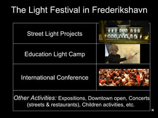 The Light Festival in Frederikshavn N Other Activities:   Expositions, Downtown open, Concerts (streets & restaurants), Children activities, etc.  International Conference Education Light Camp Street Light Projects 
