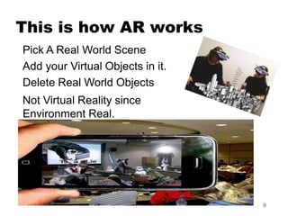 This is how AR works
Pick A Real World Scene
Add your Virtual Objects in it.
Delete Real World Objects
Not Virtual Reality...