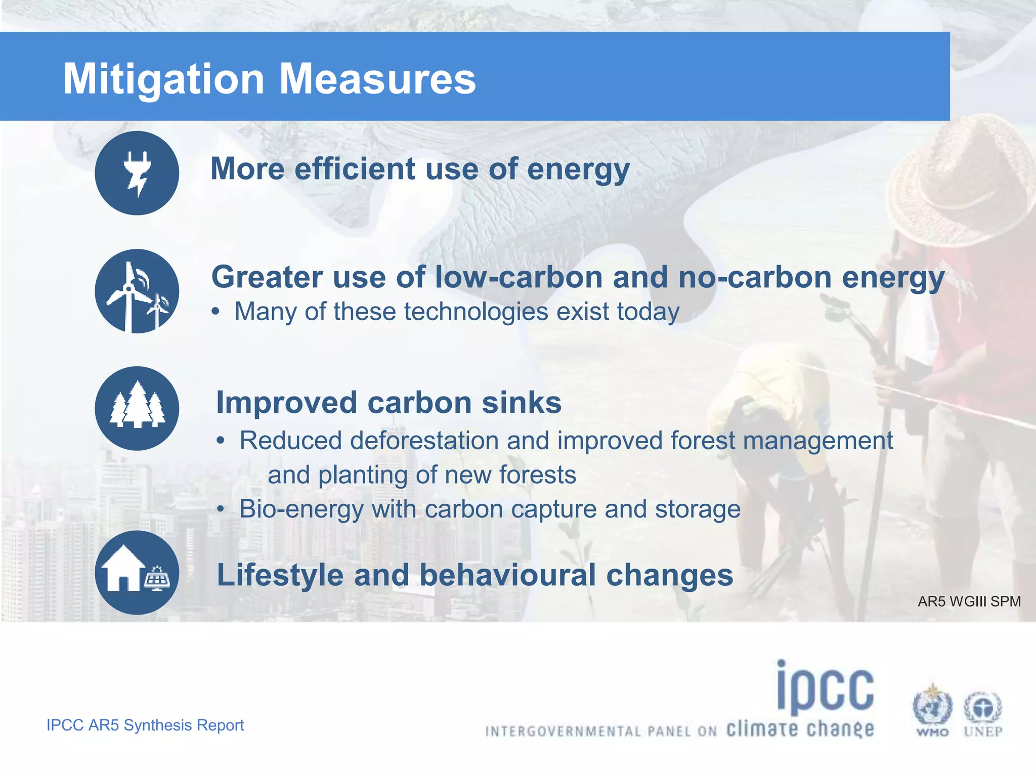 IPCC AR5 Synthesis Report
Mitigation Measures
More efficient use of energy
Greater use of low-carbon and no-carbon energy
• Many of these technologies exist today
Improved carbon sinks
• Reduced deforestation and improved forest management
and planting of new forests
• Bio-energy with carbon capture and storage
Lifestyle and behavioural changes
AR5 WGIII SPM
 