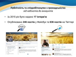 Публічність та співробітництво з громадськістю:
від кабінетів до аккаунтів
• За 2015 рік було надано 17 інтерв'ю
• Опубліковано 246 постів у Фейсбук та 636 постів на Твіттері
 