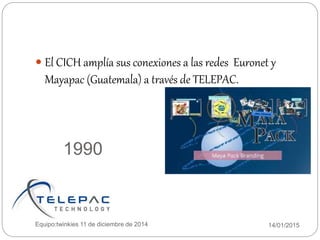 1990
14/01/2015Equipo:twinkies 11 de diciembre de 2014
 El CICH amplía sus conexiones a las redes Euronet y
Mayapac (Guatemala) a través de TELEPAC.
 