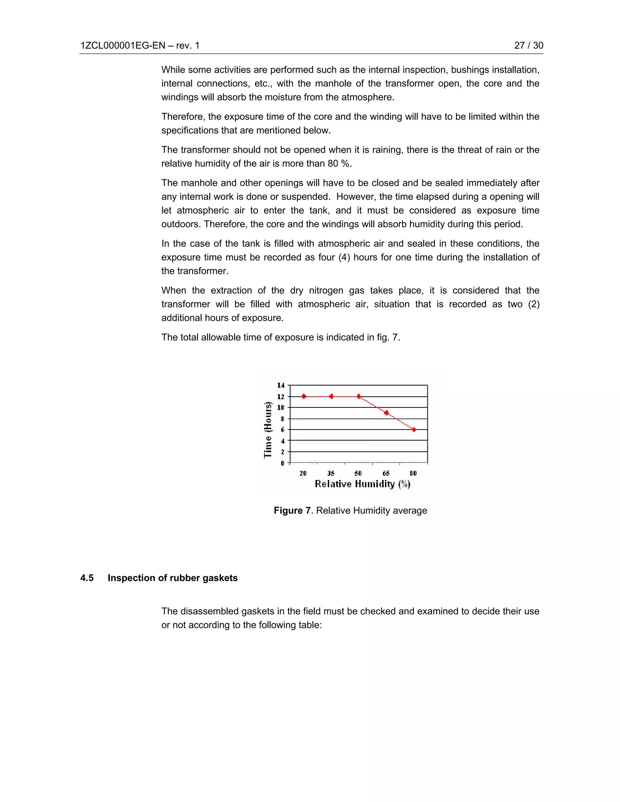 1ZCL000001EG-EN – rev. 1                                                                             27 / 30

                 While some activities are performed such as the internal inspection, bushings installation,
                 internal connections, etc., with the manhole of the transformer open, the core and the
                 windings will absorb the moisture from the atmosphere.

                 Therefore, the exposure time of the core and the winding will have to be limited within the
                 specifications that are mentioned below.

                 The transformer should not be opened when it is raining, there is the threat of rain or the
                 relative humidity of the air is more than 80 %.

                 The manhole and other openings will have to be closed and be sealed immediately after
                 any internal work is done or suspended. However, the time elapsed during a opening will
                 let atmospheric air to enter the tank, and it must be considered as exposure time
                 outdoors. Therefore, the core and the windings will absorb humidity during this period.

                 In the case of the tank is filled with atmospheric air and sealed in these conditions, the
                 exposure time must be recorded as four (4) hours for one time during the installation of
                 the transformer.

                 When the extraction of the dry nitrogen gas takes place, it is considered that the
                 transformer will be filled with atmospheric air, situation that is recorded as two (2)
                 additional hours of exposure.

                 The total allowable time of exposure is indicated in fig. 7.




                                             Figure 7. Relative Humidity average




4.5   Inspection of rubber gaskets


                 The disassembled gaskets in the field must be checked and examined to decide their use
                 or not according to the following table:
 