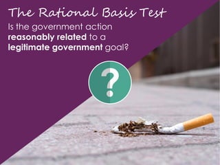The Rational Basis Test
Is the government action
reasonably related to a
legitimate government goal?
 