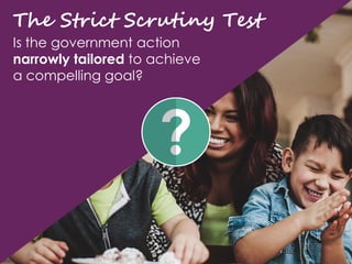 The Strict Scrutiny Test
Is the government action
narrowly tailored to achieve
a compelling goal?
 
