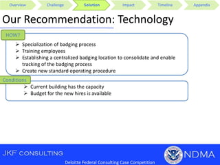 Overview Challenge Solution Impact Timeline Appendix
Deloitte Federal Consulting Case Competition
Our Recommendation: Technology
HOW?
 Specialization of badging process
 Training employees
 Establishing a centralized badging location to consolidate and enable
tracking of the badging process
 Create new standard operating procedure
Conditions
 Current building has the capacity
 Budget for the new hires is available
 