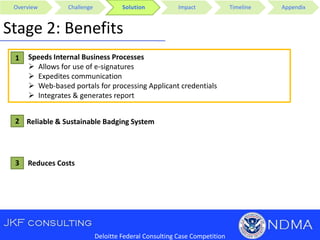 Overview Challenge Solution Impact Timeline Appendix
Deloitte Federal Consulting Case Competition
Stage 2: Benefits
Speeds Internal Business Processes
 Allows for use of e-signatures
 Expedites communication
 Web-based portals for processing Applicant credentials
 Integrates & generates report
2
3
1
Reliable & Sustainable Badging System
Reduces Costs
 