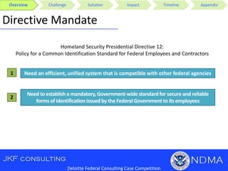 Overview Challenge Solution Impact Timeline Appendix
Deloitte Federal Consulting Case Competition
Directive Mandate
Homeland Security Presidential Directive 12:
Policy for a Common Identification Standard for Federal Employees and Contractors
Need an efficient, unified system that is compatible with other federal agencies
Need toestablish a mandatory,Government-widestandardfor secure and reliable
forms of identificationissuedby the FederalGovernment to its employees
1
2
 
