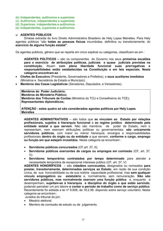 (b) Independentes, autônomos e superiores
(c) Autônomos, independentes e superiores
(d) Superiores, independentes e autônomos
(e) Independentes, superiores e autônomos
 AGENTES PÚBLICOS
Síntese extraída do livro Direito Administrativo Brasileiro de Hely Lopes Meirelles. Para Hely
agentes públicos “são todas as pessoas físicas incumbidas, definitiva ou transitoriamente, do
exercício de alguma função estatal”.
Os agentes públicos, gênero que se reparte em cinco espécie ou categorias, classificam-se em :
AGENTES POLÍTICOS – são os componentes do Governo nos seus primeiros escalões
para o exercício de atribuições políticas, judiciais e quase judiciais previstas na
constituição. Atuam com plena liberdade funcional suas prerrogativas e
responsabilidades estão estabelecidas na Constituição e em leis especiais. Nesta
categoria encontram-se :
• Chefes de Executivo (Presidente, Governadores e Prefeitos), e seus auxiliares imediatos
(Ministros e Secretários de Estado e Município);
• Membros das Casas Legislativas (Senadores, Deputados, e Vereadores);
Membros do Poder Judiciário;
Membros do Ministério Público;
Membros dos Tribunais de Contas (Ministros do TCU e Conselheiros do TCE);
Representantes diplomáticos;
ATENÇÃO : estes quatro só são considerados agentes políticos por Hely Lopes
Meirelles
AGENTES ADMINISTRATIVOS – são todos que se vinculam ao Estado por relações
profissionais, sujeitos à hierarquia funcional e ao regime jurídico determinado pela
entidade estatal a que servem. Não são membros de poder de Estado, nem o
representam, nem exercem atribuições políticas ou governamentais; são unicamente
servidores públicos, com maior ou menor hierarquia, encargos e responsabilidades
profissionais dentro do órgão ou da entidade a que servem, conforme o cargo, emprego
ou função em que estejam investidos. Nesta categoria se encontram :
• Servidores públicos concursados (CF,art. 37, II);
• Servidores públicos exercentes de cargos ou empregos em comissão (CF, art. 37,
V);
• Servidores temporários contratados por tempo determinado para atender a
necessidade temporária de excepcional interesse público (CF, art. 37, V)
AGENTES HONORÍFICOS – são cidadãos convocados, designados ou nomeados para
prestar, transitoriamente, determinados serviços ao Estado, em razão de sua condição
cívica, de sua honorabilidade ou de sua notória capacidade profissional, mas sem qualquer
vínculo empregatício ou estatutário e, normalmente, sem remuneração. Não são
servidores públicos, mas normalmente exercem uma função pública e, enquanto a
desempenham, sujeitam-se à hierarquia e disciplina do órgão a que estão servindo,
podendo perceber um pro labore e contar o período de trabalho como de serviço público.
Recentemente foi editada a lei nº 9.608, de 18.2.98. dispondo sobre serviço voluntário. Nesta
categoria se encontram :
Jurados do tribunal do júri;
• Mesário eleitoral;
• Membro de comissão de estudo ou de julgamento.
15
 