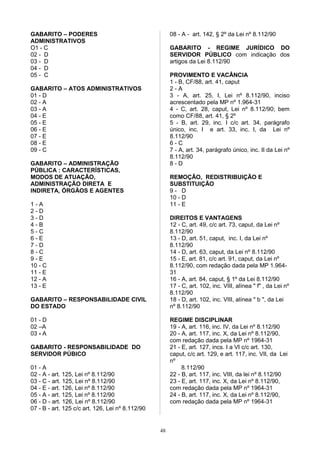 GABARITO – PODERES
ADMINISTRATIVOS
O1 - C
02 - D
03 - D
04 - D
05 - C
GABARITO – ATOS ADMINISTRATIVOS
01 - D
02 - A
03 - A
04 - E
05 - E
06 - E
07 - E
08 - E
09 - C
GABARITO – ADMINISTRAÇÃO
PÚBLICA : CARACTERÍSTICAS,
MODOS DE ATUAÇÃO,
ADMINISTRAÇÃO DIRETA E
INDIRETA, ÓRGÃOS E AGENTES
1 - A
2 - D
3 - D
4 - B
5 - C
6 - E
7 - D
8 - C
9 - E
10 - C
11 - E
12 - A
13 - E
GABARITO – RESPONSABILIDADE CIVIL
DO ESTADO
01 - D
02 –A
03 - A
GABARITO - RESPONSABILIDADE DO
SERVIDOR PÚBICO
01 - A
02 - A - art. 125, Lei nº 8.112/90
03 - C - art. 125, Lei nº 8.112/90
04 - E - art. 126, Lei nº 8.112/90
05 - A - art. 125, Lei nº 8.112/90
06 - D - art. 126, Lei nº 8.112/90
07 - B - art. 125 c/c art. 126, Lei nº 8.112/90
08 - A - art. 142, § 2º da Lei nº 8.112/90
GABARITO - REGIME JURÍDICO DO
SERVIDOR PÚBLICO com indicação dos
artigos da Lei 8.112/90
PROVIMENTO E VACÂNCIA
1 - B, CF/88, art. 41, caput
2 - A
3 - A, art. 25, I, Lei nº 8.112/90, inciso
acrescentado pela MP nº 1.964-31
4 - C, art. 28, caput, Lei nº 8.112/90; bem
como CF/88, art. 41, § 2º
5 - B, art. 29, inc. I c/c art. 34, parágrafo
único, inc. I e art. 33, inc. I, da Lei nº
8.112/90
6 - C
7 - A, art. 34, parágrafo único, inc. II da Lei nº
8.112/90
8 - D
REMOÇÃO, REDISTRIBUIÇÃO E
SUBSTITUIÇÃO
9 - D
10 - D
11 - E
DIREITOS E VANTAGENS
12 - C, art. 49, c/c art. 73, caput, da Lei nº
8.112/90
13 - D, art. 51, caput, inc. I, da Lei nº
8.112/90
14 - D, art. 63, caput, da Lei nº 8.112/90
15 - E, art. 81, c/c art. 91, caput, da Lei nº
8.112/90, com redação dada pela MP 1.964-
31
16 - A, art. 84, caput, § 1º da Lei 8.112/90
17 - C, art. 102, inc. VIII, alínea " f" , da Lei nº
8.112/90
18 - D, art. 102, inc. VIII, alínea " b ", da Lei
nº 8.112/90
REGIME DISCIPLINAR
19 - A, art. 116, inc. IV, da Lei nº 8.112/90
20 - A, art. 117, inc. X, da Lei nº 8.112/90,
com redação dada pela MP nº 1964-31
21 - E, art. 127, incs. I a VI c/c art. 130,
caput, c/c art. 129, e art. 117, inc. VII, da Lei
nº
8.112/90
22 - B, art. 117, inc. VIII, da lei nº 8.112/90
23 - E, art. 117, inc. X, da Lei nº 8.112/90,
com redação dada pela MP nº 1964-31
24 - B, art. 117, inc. X, da Lei nº 8.112/90,
com redação dada pela MP nº 1964-31
48
 